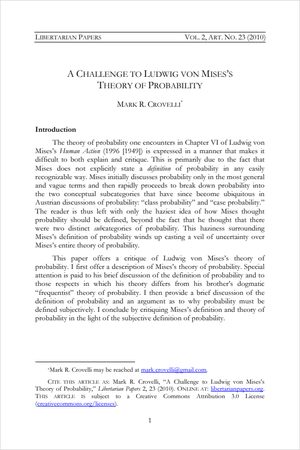 Cover of A Challenge to Ludwig von Mises’s Theory of Probability