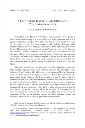 Cover of A Critique of Block on Abortion and Child Abandonment