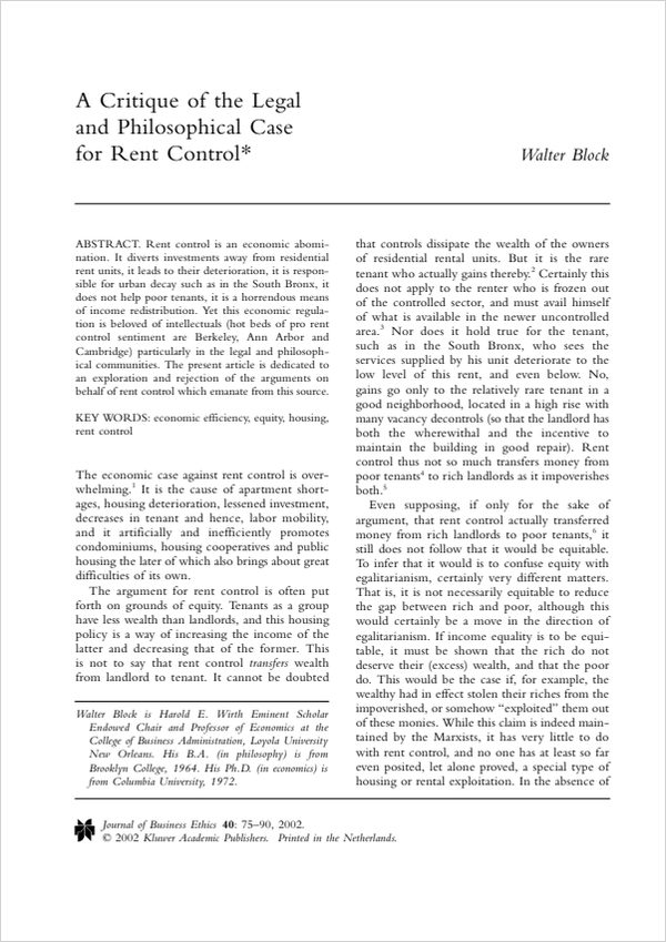Cover of "A Critique of the Legal and Philosophical Case for Rent Control"