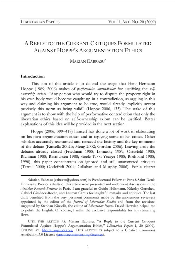 Cover of A Reply to the Current Critiques Formulated Against Hoppe’s Argumentation Ethics