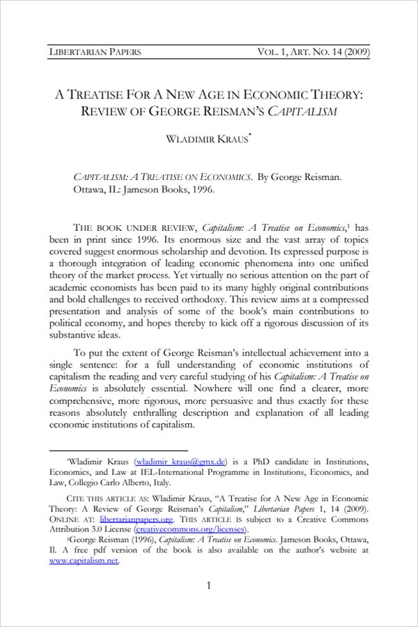 Cover of A Treatise for A New Age in Economic Theory: A Review of George Reisman’s Capitalism (Book Review)