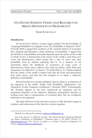 Cover of Has David Howden Vindicated Richard von Mises’s Definition of Probability?