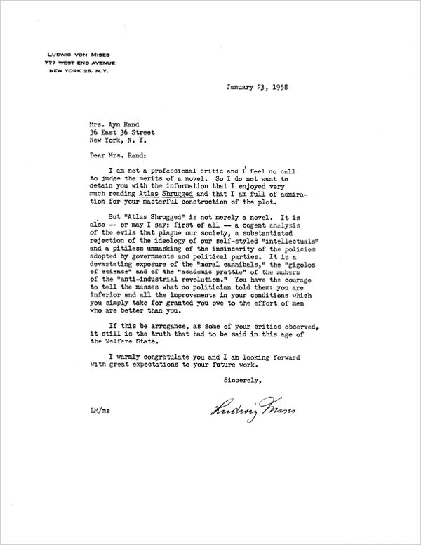 Cover of Ludwig von Mises's Letter to Rand on Atlas Shrugged