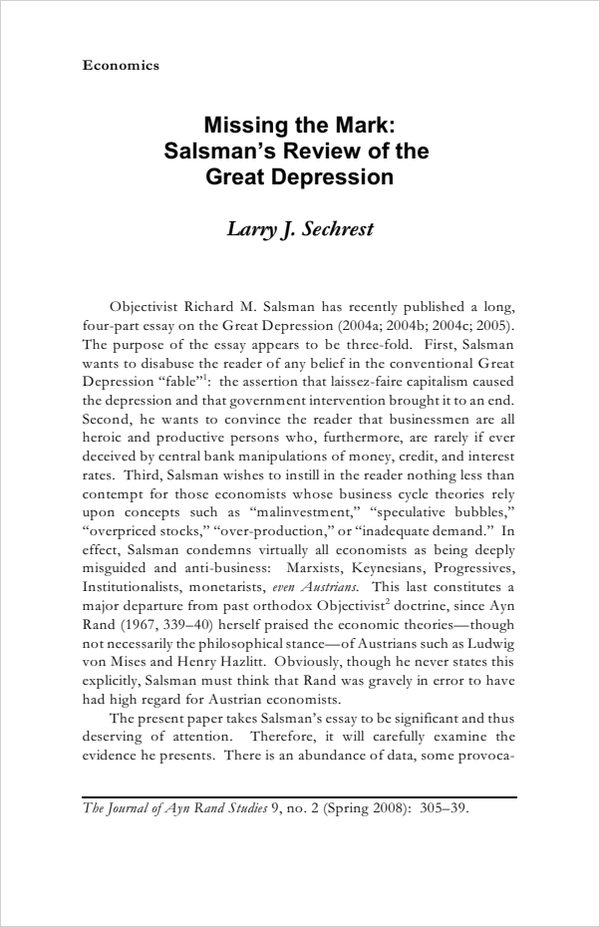 Cover of "Missing the Mark: Salsman's Review of the Great Depression"