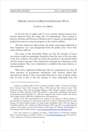 Cover of Observations on Professor Hayek’s Plan
