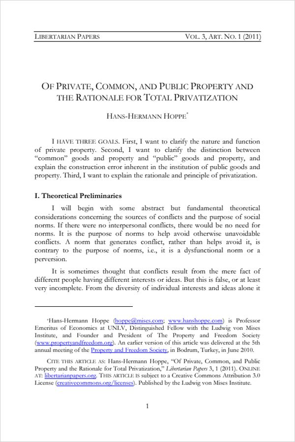Cover of Of Private, Common, and Public Property and the Rationale for Total Privatization