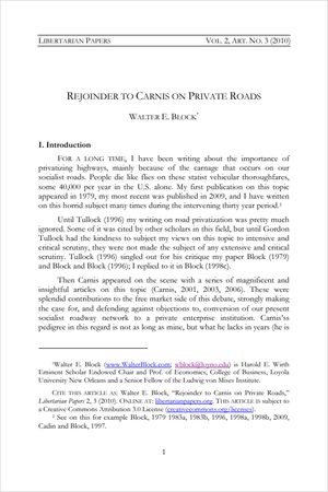 Cover of Rejoinder to Carnis on Private Roads