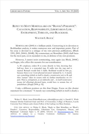 Cover of Reply to Matt Mortellaro on "Block’s Paradox": Causation, Responsibility, Libertarian Law, Entrapment, Threats and Blackmail