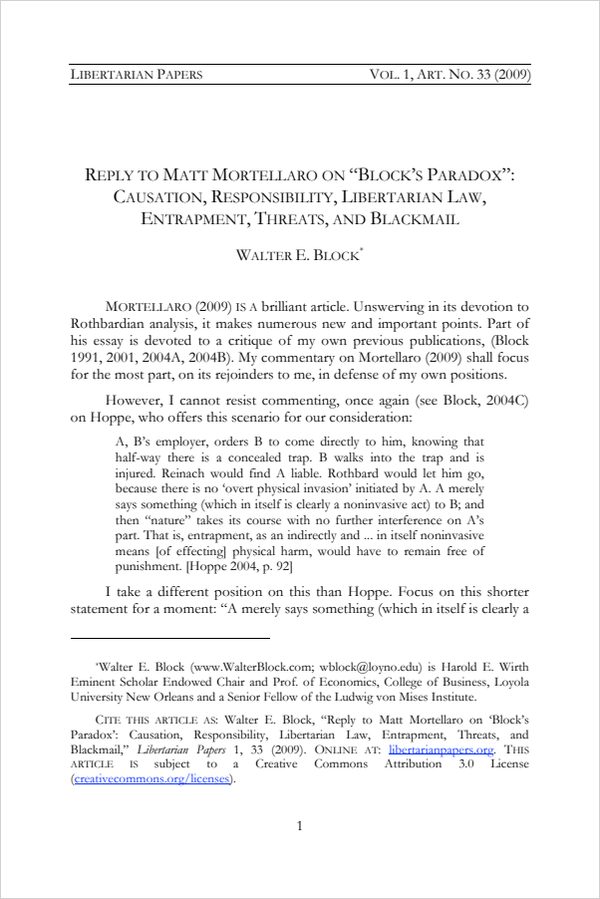 Cover of Reply to Matt Mortellaro on "Block’s Paradox": Causation, Responsibility, Libertarian Law, Entrapment, Threats and Blackmail