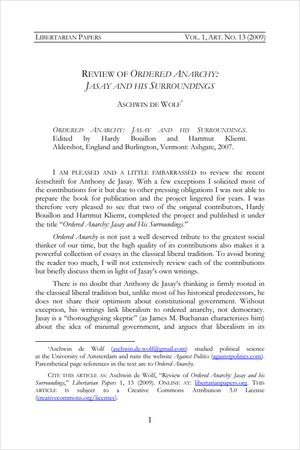 Cover of Review of Ordered Anarchy: Jasay and his Surroundings (Book Review)