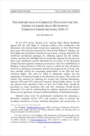 Cover of The Importance of Christian Thought for the American Libertarian Movement: Christian Libertarianism, 1950-71