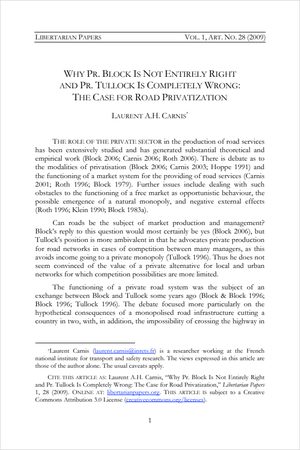 Cover of Why Pr. Block Is Not Entirely Right and Pr. Tullock Is Completely Wrong: The Case for Road Privatization